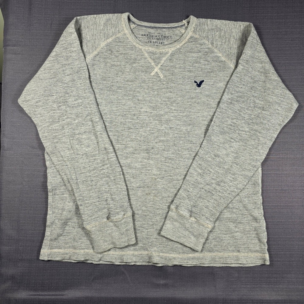 American Eagle AE Legend Mens XL Gray Waffle Knit Thermal Long Sleeve Shirt Logo