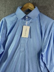 Collars & Co Blue & White Gingham Plaid Long Sleeve Dress Collar Polo Medium NWT