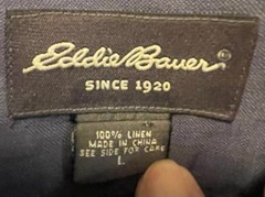 Eddie Bauer Men’s L Blue Solid 100% Linen Woven Band Collar Button-Up Pockets