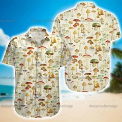 Vintage Mushroom Botanical Print Hawaiian Button Down Shirt Cottagecore Nature