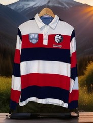 Parish Nation Shirt Men M Polo Long Sleeve Stripes Patches Spell Out Rugby