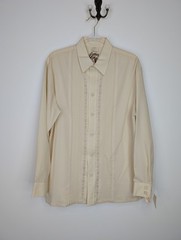 Vintage Beau Tiki Shirt Mens Large Beige Long Sleeve Lace Panel Dress Hawaii 70s