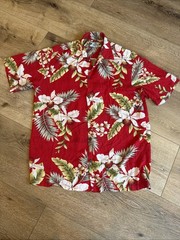 Vintage Two Palms Hawaiian Shirt Mens S Red Orchid Floral Rayon Made In Hawaii