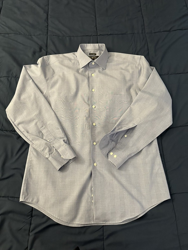 Pronto Uomo Mens Dress Shirt L Blue Checkered Collared Barrel Cuff