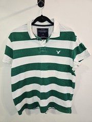 2009 American Eagle Green & White Striped Polo • Y2K 2000s Vintage Fit