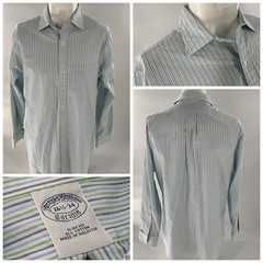 Brooks Brothers Slim Fit Shirt 16.5 34 White Blue Green Stripes YGI C2-591
