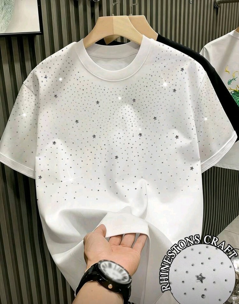 New Men Women Luxury Diamond Star Rhinestones Fashion White T-Shirt High Quality