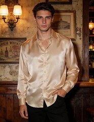 Hi-Tie Men’s Silk Satin Dress Shirts Long Sleeve Shiny Casual Button Up Shirts L