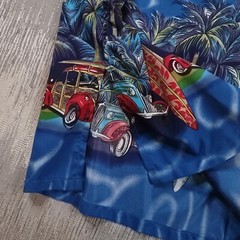 Coconut Pier Men’s 2XL Tropical Retro Surfboard Cars Button-Up Shirt Blue