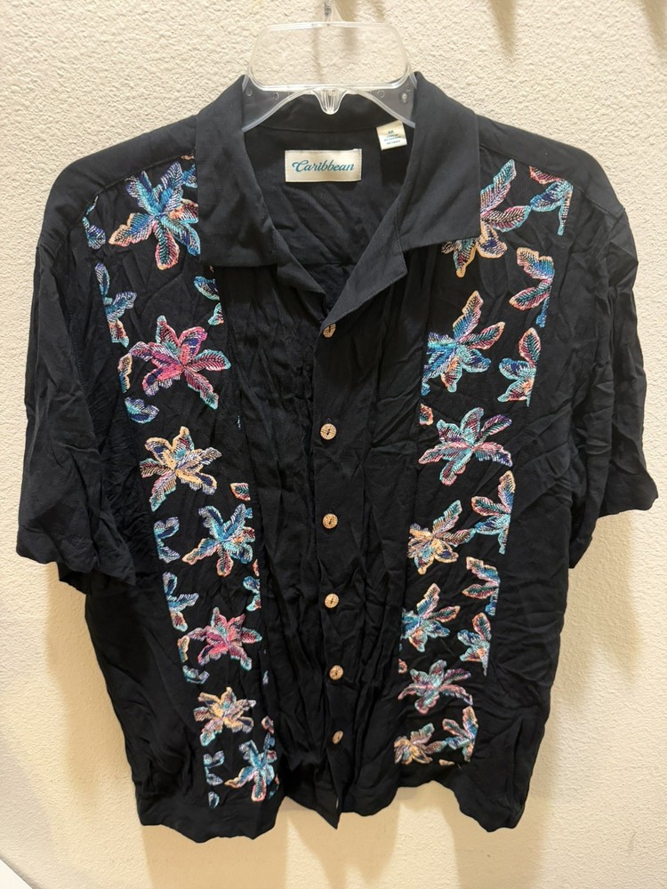 CARIBBEAN, MEN’S BLACK/AQUA RAYON SHORT SLEEVED HAWAIIAN SHIRT, SIZE M