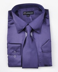 Men’s Shiny Satin Polyester Formal Dress Shirt w/ Tie and Hanky Set #08 Solid