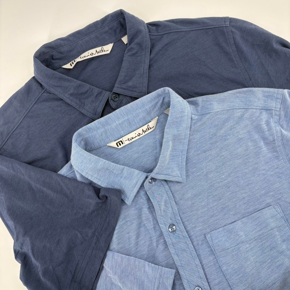 TravisMathew Mens Short Sleeve Button Down Shirt Set 2 Blue Pima Cotton Large