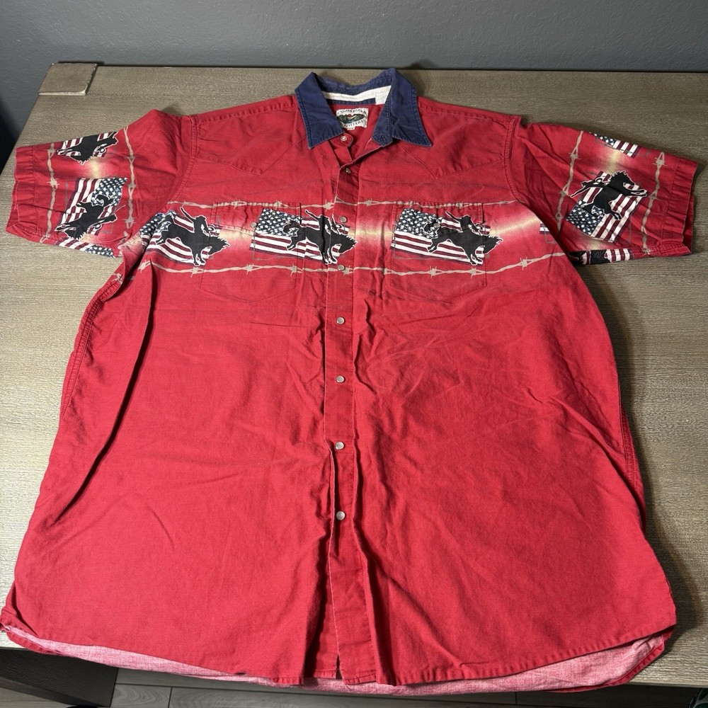 VTG Cumberland Outfitters Shirt Men XL Red Flag Horses Western Cowboy Pearl Snap