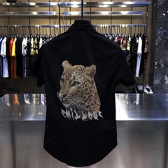 New Men Fashion Trend Leopard Rhinestone Diamond Button Short Sleeve Lapel Shirt