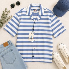 johnnie-O Men’s M Regular Blue/White Striped Short Sleeve Collared Button-Up