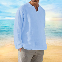 Men’s Shirt Long Sleeve Cotton Linen T-shirt V-Neck Solid Breathable Casual NEW