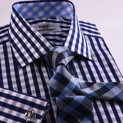 Navy Blue Check Business Shirt Easy Iron Wrinkle Free Matching Blue Inner Lining