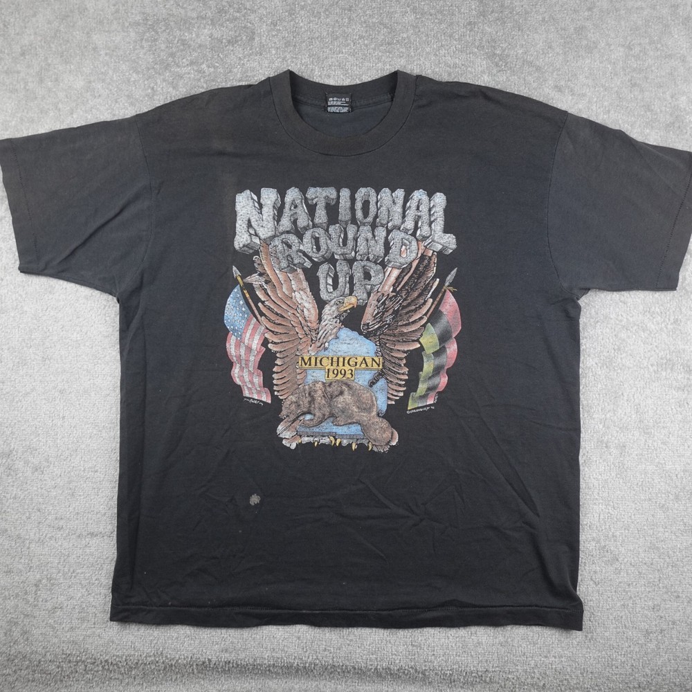 Vintage National Round Up Shirt Mens 2XL Black Michigan Bikers Tee 1993 USA Made