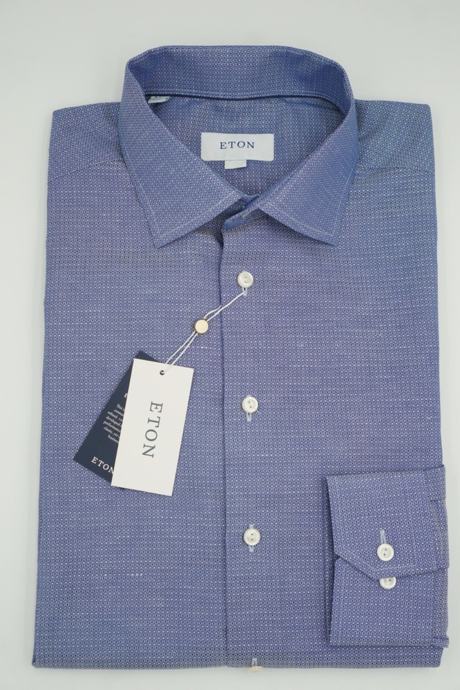 Men ETON Single Cuff Shirt Poplin Cotton & Linen Cutaway Slim Fit Size 39 15.5
