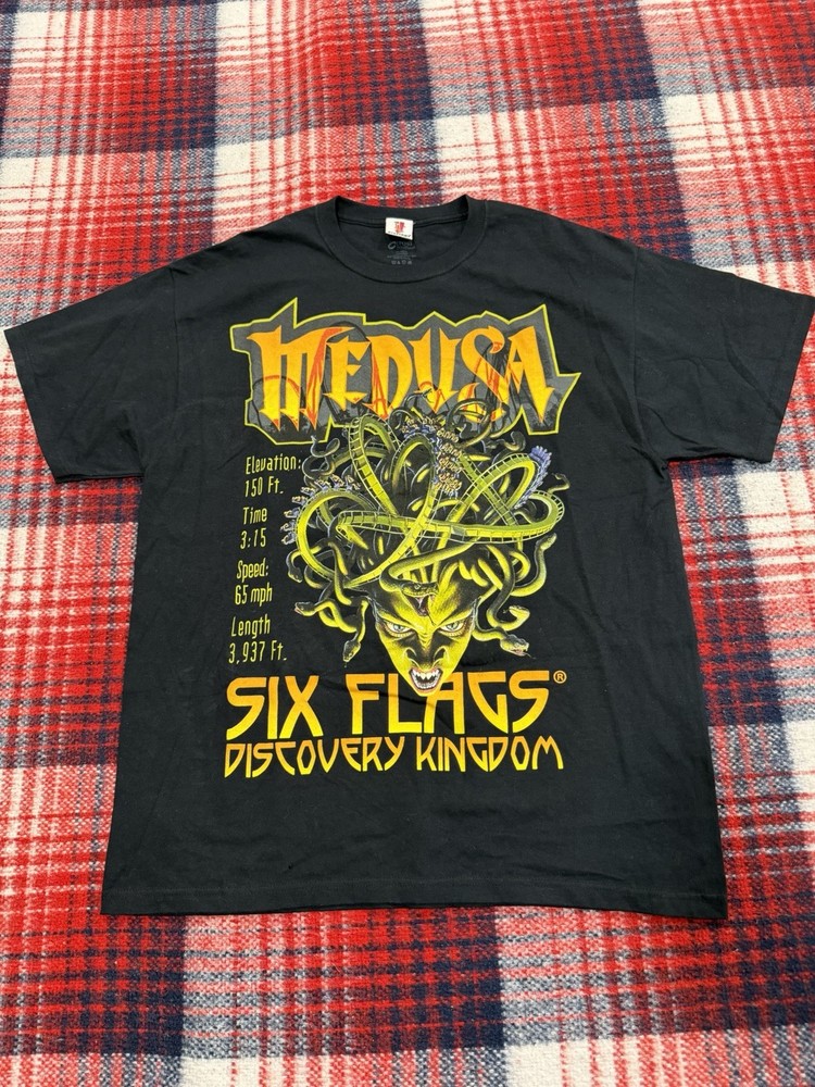 Y2K 2000s Medusa Six Flags Rollercoaster Graphic Vintage Style Shirt Mens XL