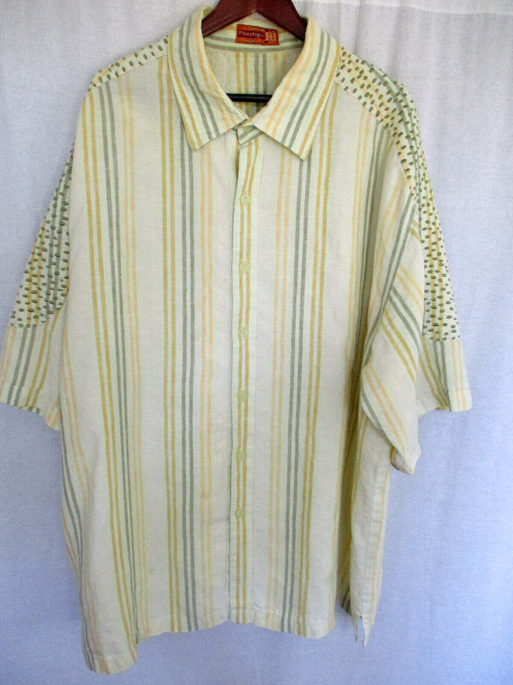 Royal Prestige Short Sleeve Shirt 4XL Light Green Stripes 100% Linen