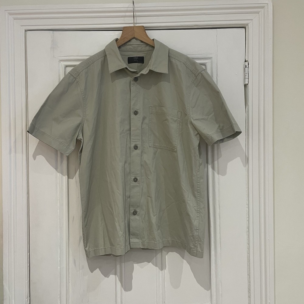 Marks and Spencer Beige Stone Safari Shirt – Size L (41″ – 43″) – Short Sleeve