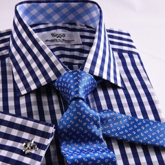 Navy Blue Check Business Shirt Easy Iron Wrinkle Free Matching Blue Inner Lining
