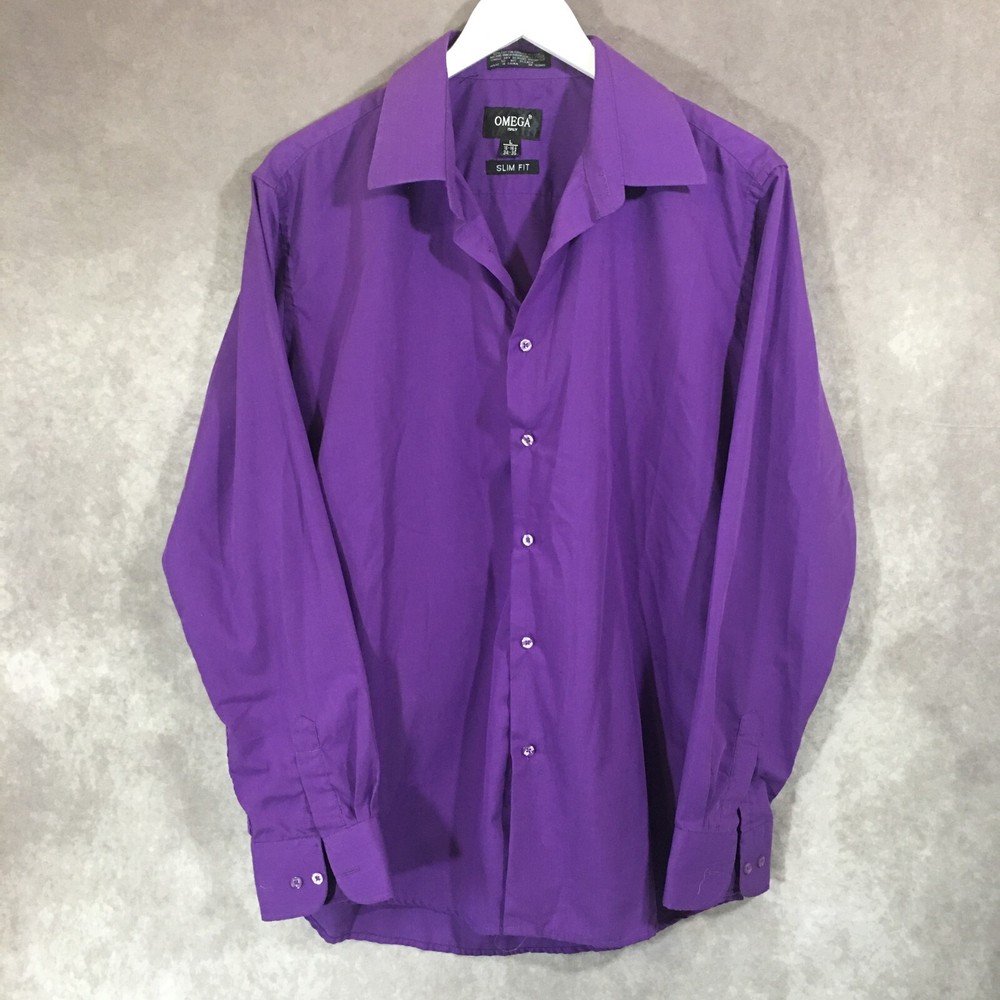 Omega Italy Slim Fit Shirt Mens Large 16-16.5 34/35 Purple Long Sleeve Button Up
