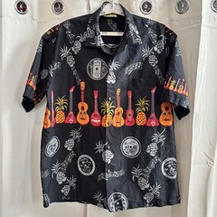 Winnie Fashion Mens XL Hawaiian Shirt Black Ukulele Pineapple Music Record 19805
