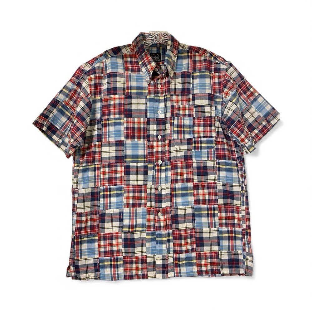 Patchwork Men Shirt Size M Madras Plaid Short Sleeve Weekend Summer Casual