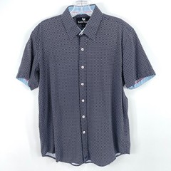 Butter Cloth Short Sleeve Button Down Shirt Mens L Navy Blue White Geometric