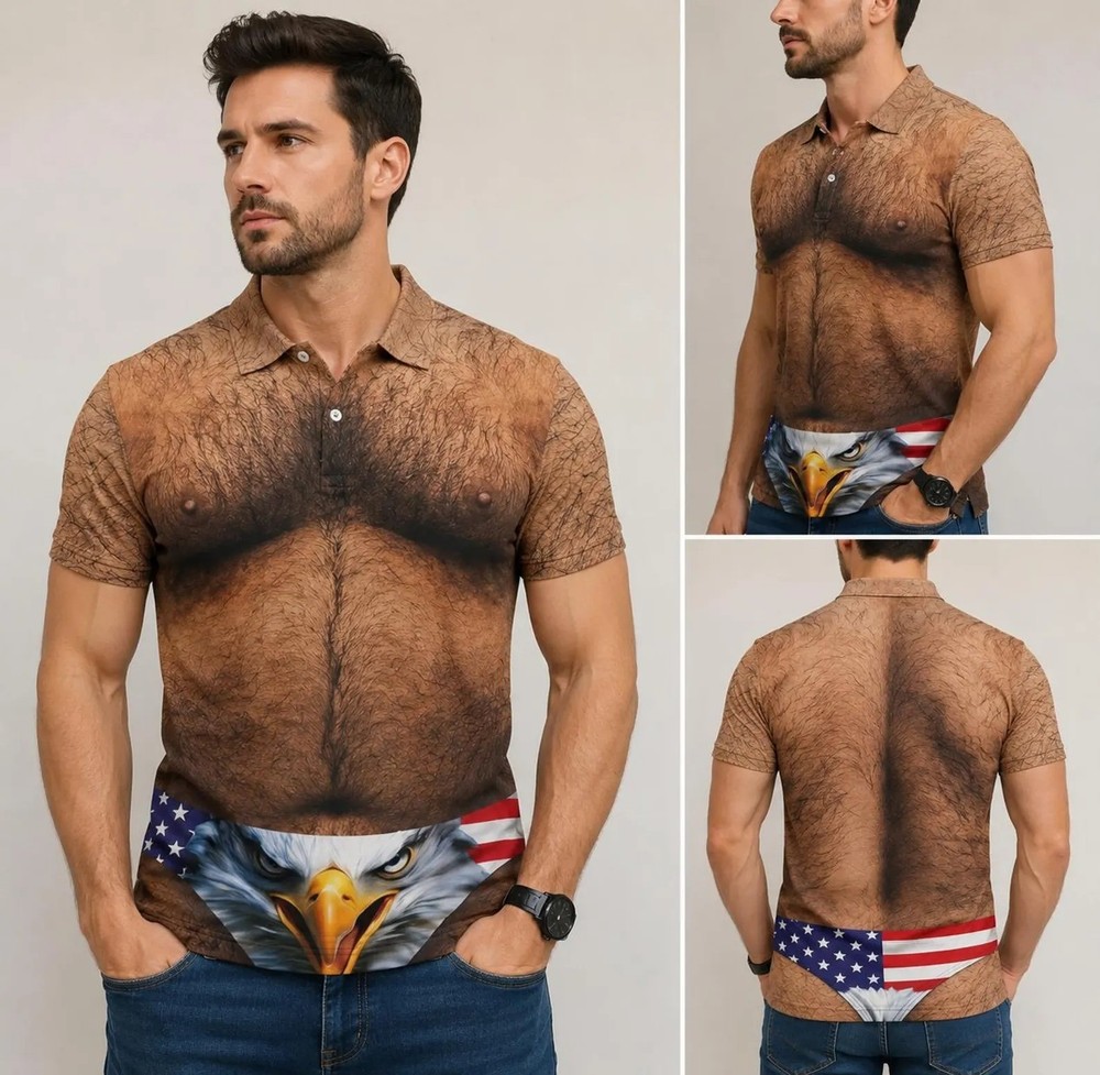 Hairy Body Patriotic Polo Shirt, Chest Shirt, USA Flag Shirt USA 250th Shirt