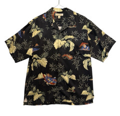 Tommy Bahama Size L 100% Silk Hawaiian Camp Shirt Asian Theme Black Bamboo