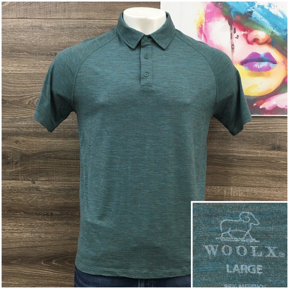 Woolx Mens Merino Wool Blend Short Sleeve Polo Shirt Green Heather Size Large