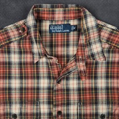 Polo Ralph Lauren Shirt Mens Medium Orange Plaid Epaulet Flannel Button Up Work
