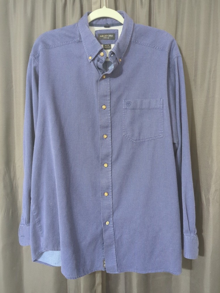 Ariat Pro Series Mens XL Blue Dot Button Up Shirt Long Sleeve Cotton Blend