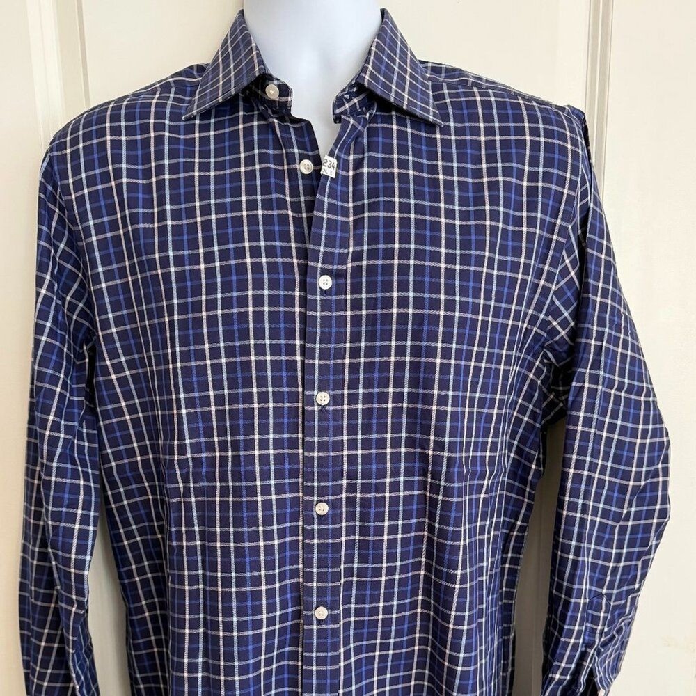 Thomas Pink Men’s Blue & White Plaid Cotton Dress Shirt, 15.5 neck 34 sleeve, EU