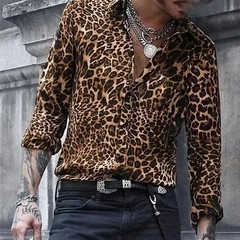 Men Fashion Button Tops Mens Down Vacation Casual Leopard Print Tunic Shirt