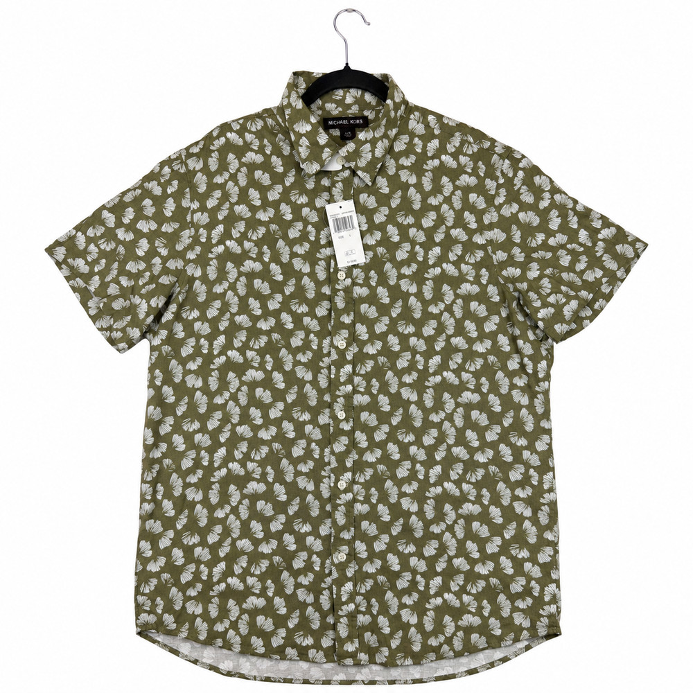 MICHAEL KORS Men’s Short Sleeve Button Front Shirt L Safari Green Floral NWT