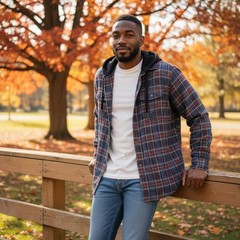 LL Bean Mens Hooded Flannel Shacket Large Plaid Hooded Snap Buttons Jacket