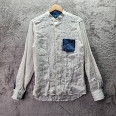 Displaj Mens Medium Linen Button Up Shirt Mandarin Collar Cream Blue Pocket