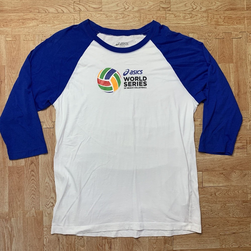 Asics World Series Of Beach Volleyball Shirt Raglan Mens L White/Blue 3/4 Sleeve