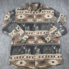 Woods & Water Outfitters Deer Aztec Button Up Shirt Mens L Brown Hunting USA