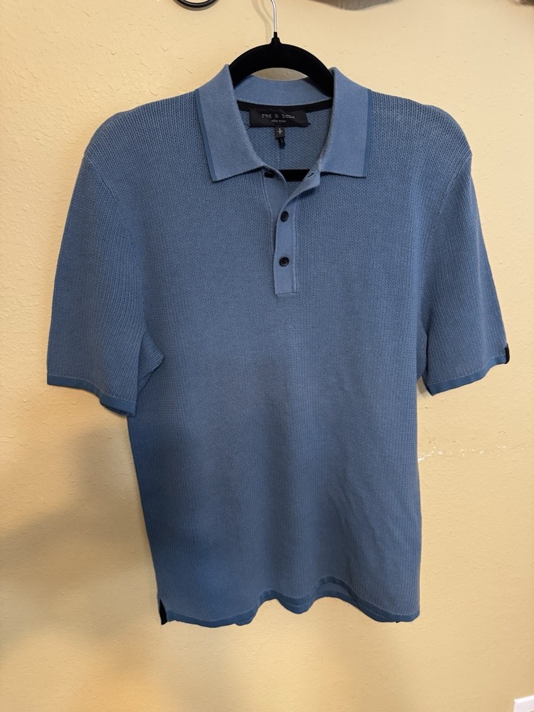 Rag & Bone NY Textured Knit Polo Shirt Men’s Small Blue Cotton Blend