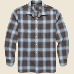 BEAMS+ Plus Open Collar Ombre Plaid Long Sleeve Mid Weight Shirt Blue Brown XL
