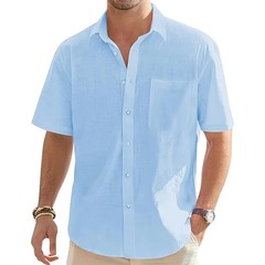 Men’s Solid Color Cotton Linen Short Sleeve Shirts Vacation Beach Summer Gift