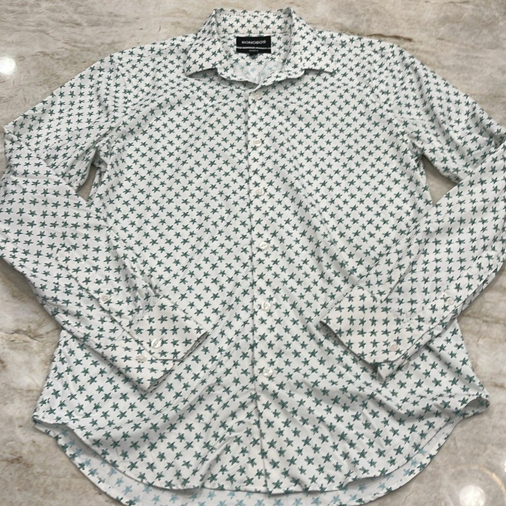 Bonobos | Tech Performance Button-Up Shirt | White & Green Starfish | Medium