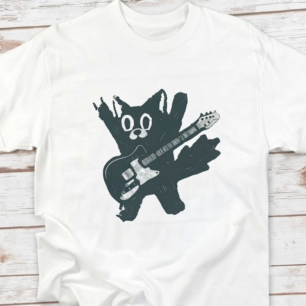 Cute Cat Playing Electric Guitar White Tee, Musician Gift For Friends