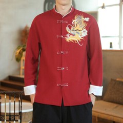 Chinese Men Top Shirt Jacket Dragon Embroidered Frog Button Kung Fu Ethnic Retro