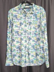On The Road Mens L Tropical Hawaiian Button Up Shirt Slim Fit Long Sleeve Cotton